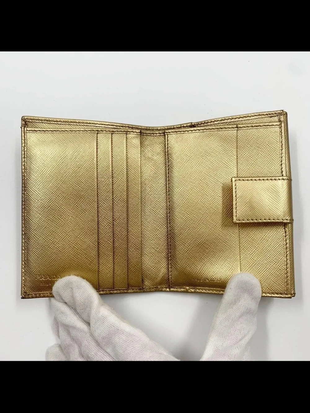 Prada Metallic Gold Saffiano Compact Wallet